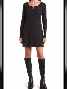 🎇Abound Black Long Sleeve Ribbed Lettuce Hem Henley Mini Dress Size Small New